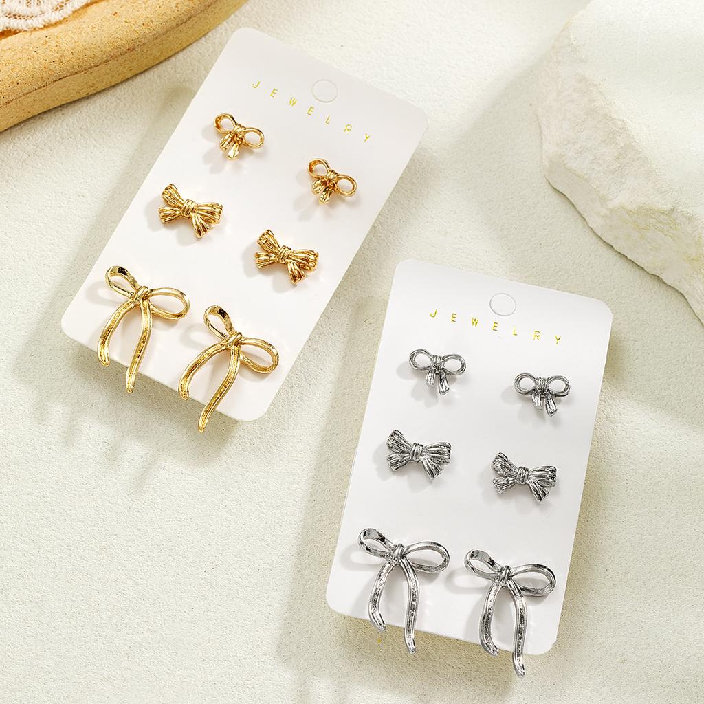 3 Pairs of Fashionable and Elegant Three-dimensional Bow Earrings, Multi Piece Set of Alloy Women's Earrings