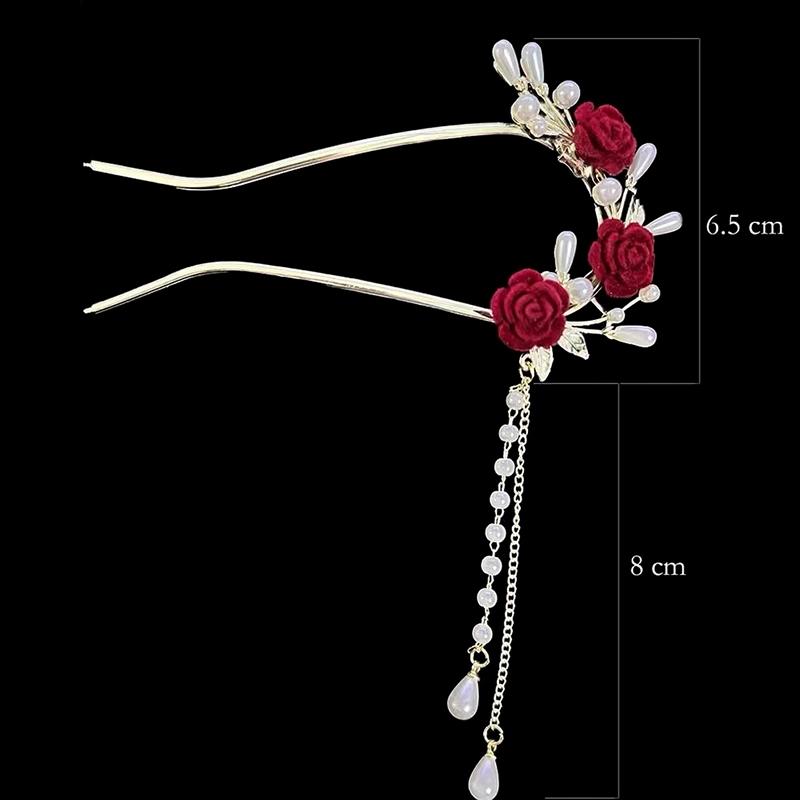 New Chinese Style Red Rose Fringe Hairpin Vintage Rose Hair Sticks Hairwear For Women Hair Fork Disk Hair Chopsticks Headdress