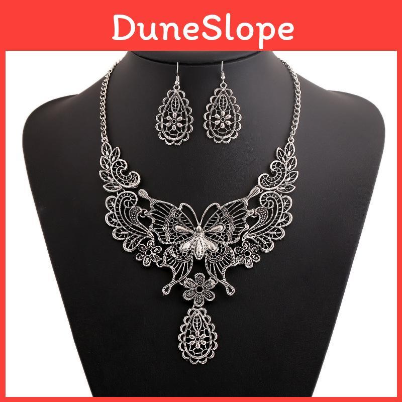 Fashion Hollowed Out Butterfly And Flower Design Women Necklace Earring Set For Women And Men
