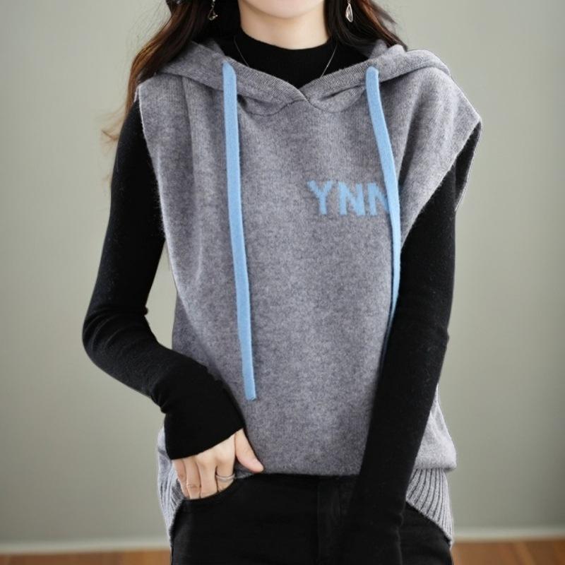 

Зимняя трикотажная майка с капюшоном, женская майка на весну и осень, модная свободная плечевая кофта с толстым параграфом, женские топы one size серый