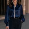 Women's Satin Rhinestone Trim Lantern Sleeve Blouse Multi Color Elegant Collared V Neck Top