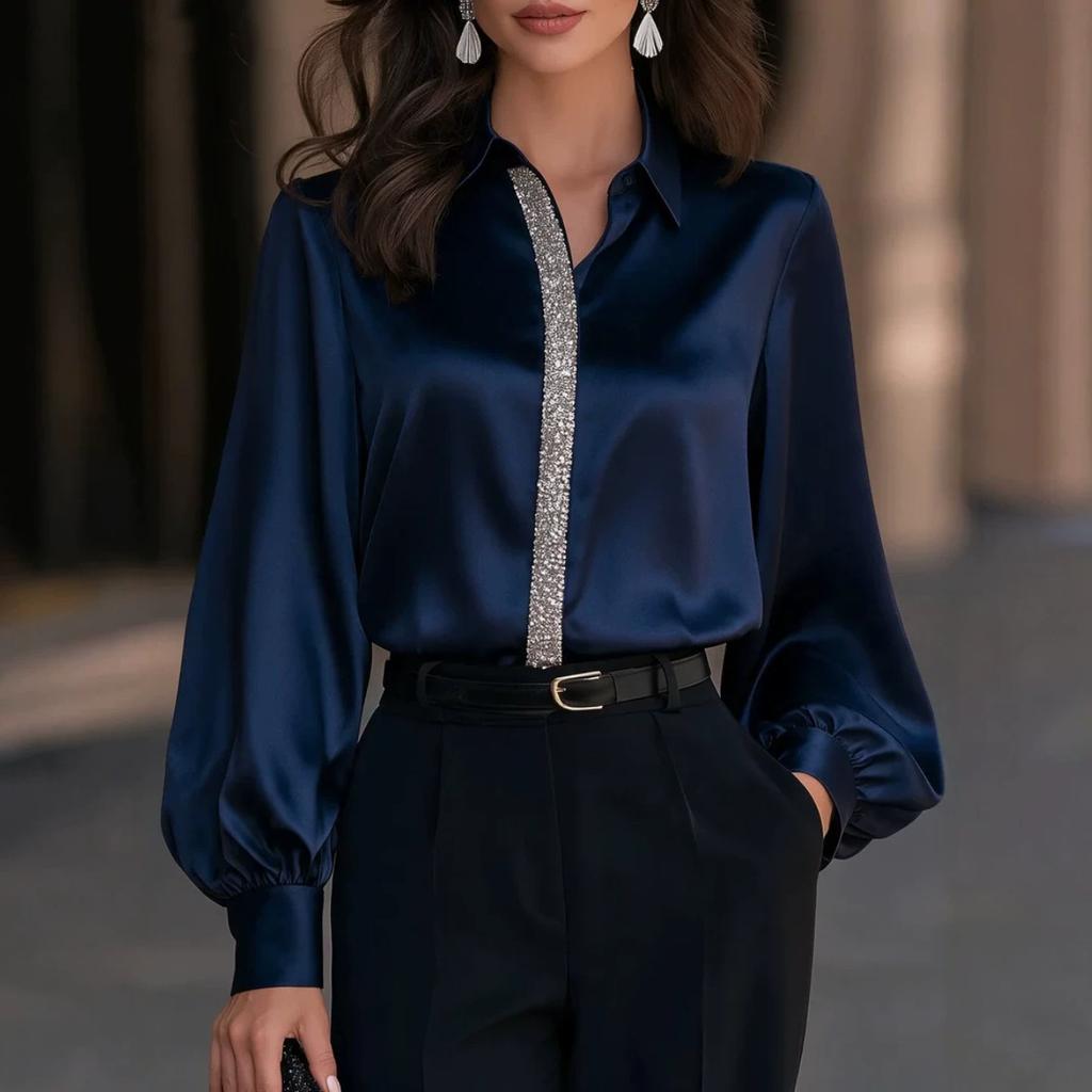 Women's Satin Rhinestone Trim Lantern Sleeve Blouse Multi Color Elegant Collared V Neck Top