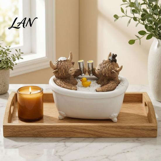 Rustic Bathroom Countertop Accessory Highland Cow Figurine, Cows Toasting In Bathtub Resin Statue, Farmhouse Accessories Cute Farm Animal Tabletop