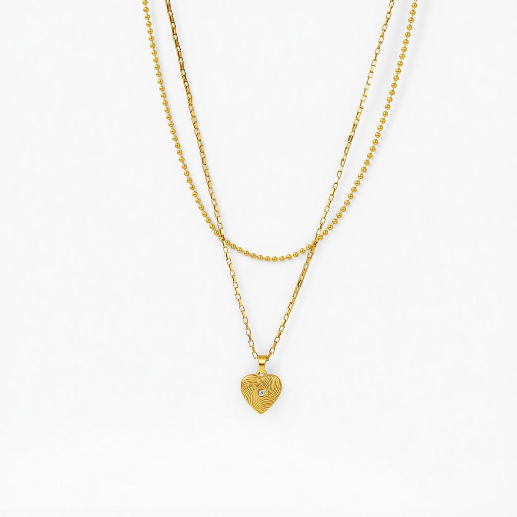 European and American Style Retro Titanium Double Layer Zircon Heart Necklace for Women
