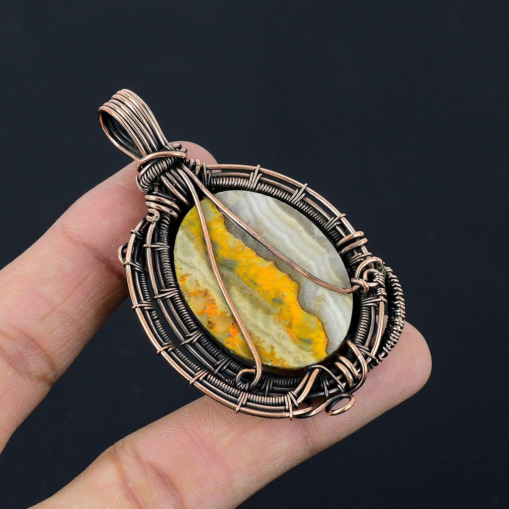 Bumblebee Jasper Pendant, 999 Copper Wire Wrapped Gemstone Jewelry, Handmade Pendant, For Mother Day