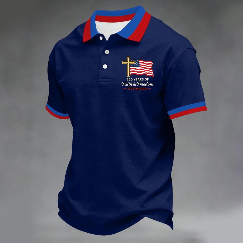 Herren Kurzarm-Polohemd mit Flaggen-Patch und Stickerei Klassische Passform Komfortables Design