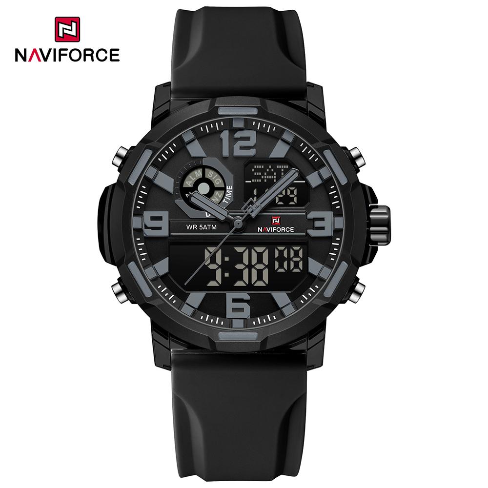 NAVIFORCE Original Men Dual Time Watch Quartz Movement LCD Digital Silicone Strap Waterproof Calendar Date Night Pattern Men Watch NF7130