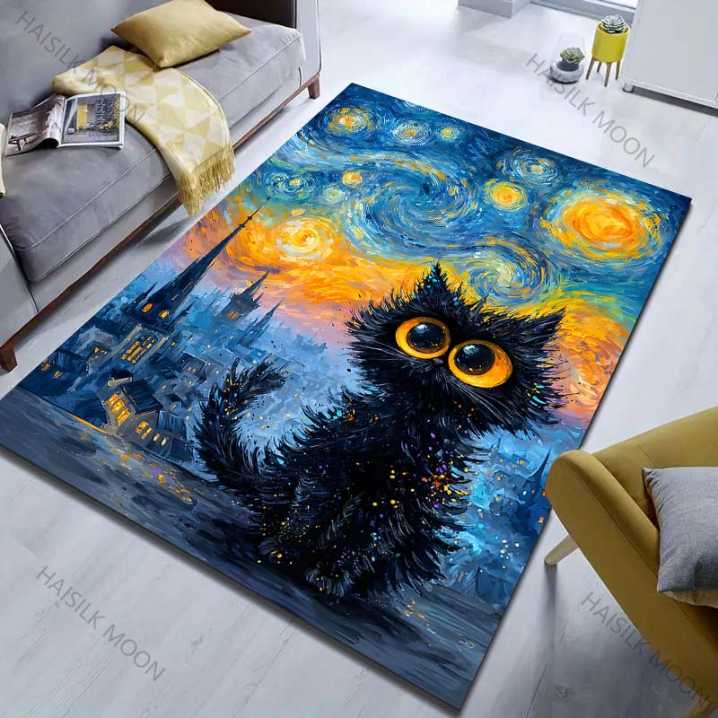 1PC Cat and Starry City Carpet for Living Room Bedroom Sofa Home Decor Rus Non-slip Floor Mat Luxury Gift