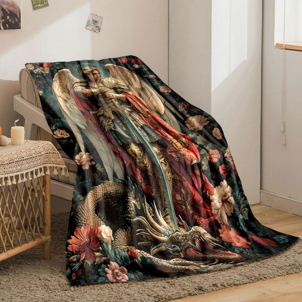 Archangel Michael Dragon Floral Blanket Bedroom Blanket for Livingroom Couch Lunch Break Soft Throw for Friend's Festival Gift