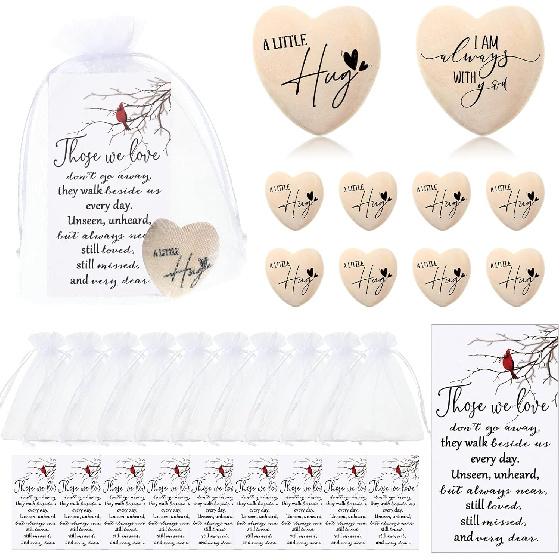 Fulmoon 100 Sets Memorial Pocket Hug Wooden Heart Token Keepsake Pocket Hearts Charms Bulk for Family Funeral Gift with Organza Bags and Cardinal