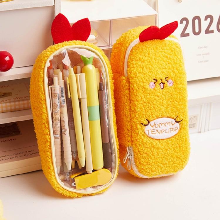 Cartoon Furry Shrimp Pencil Case Large Compartment Plush Pencil Pouches Zippered Closure For Offices School Travel Use