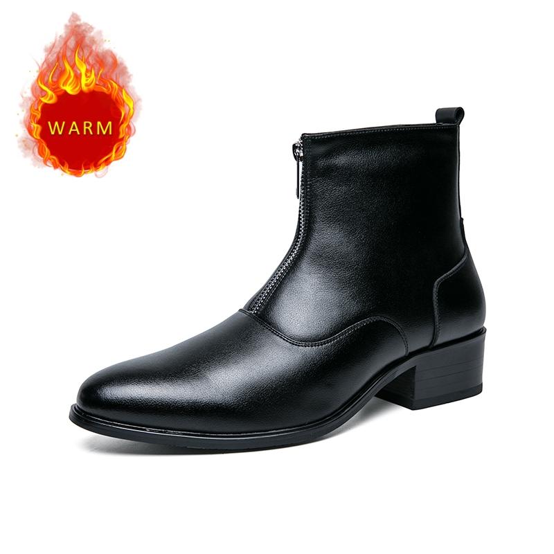 Fashion Designer Brand Men's Genuine Leather Shoes Fashion High Top Shoes Men's Short Boots Zipper Pointed Cotton Shoes New Boots