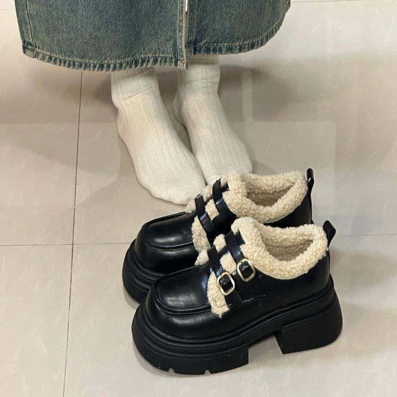 Fleece platform small leather shoes for women 2025 winter new retro British style high-heeled plush loafers for women