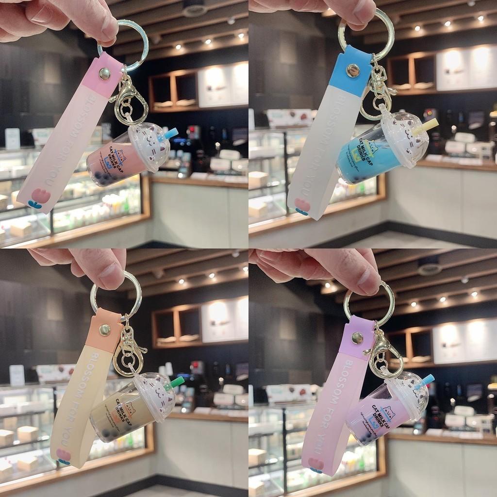 Cat Cute Cartoon Milk Tea Cup Keychain Acrylic Liquid Oil Keyring Lovely Pendant