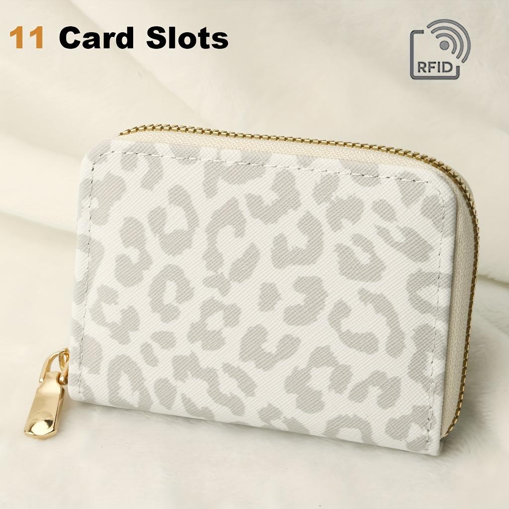 Fashionable Leopard Print Mini Wallet With RFID Blocking, PU Material Purse With Zipper Closure And 11 Card Slots(4.3''x 3.1'')