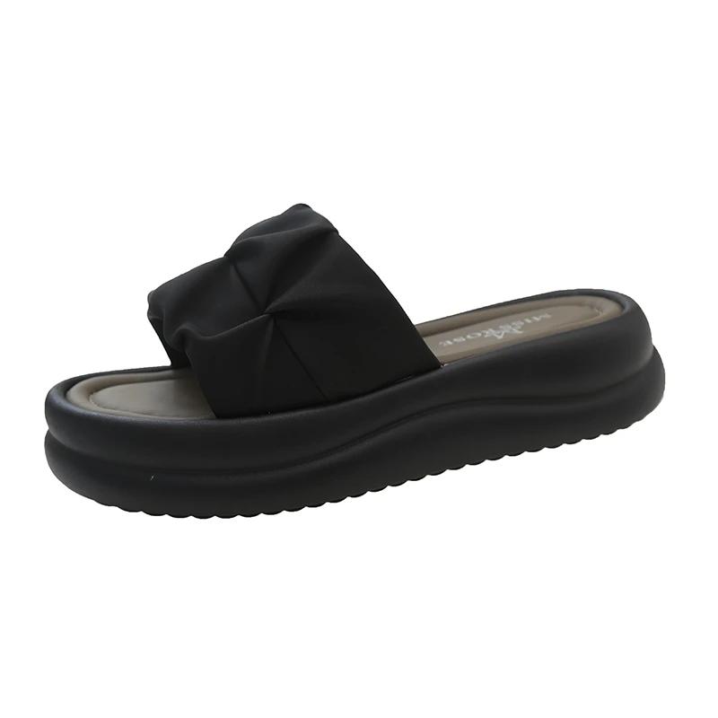 Dicksohlige Plissee-Slipper für Damen Schuhe 2024 Sommer Neu Koreanischer Stil Damen Lässige Pantoletten Frau Runde Zehen Keil Strand-Sandalen