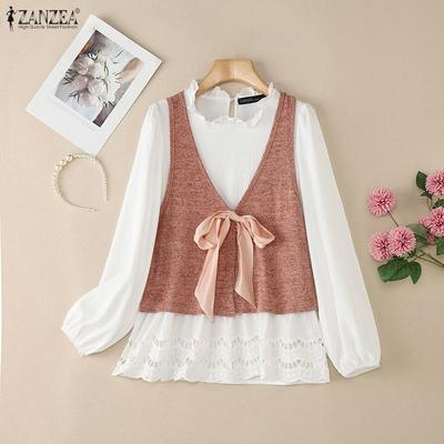 Blusa casual feminina de patchwork com decote redondo e manga comprida