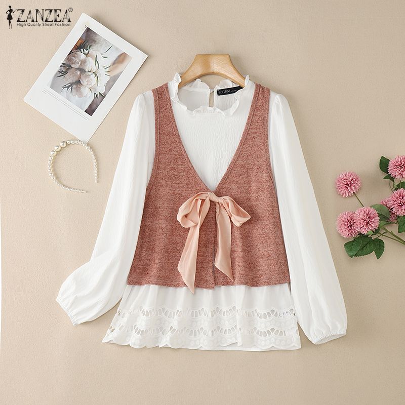 ZANZEA Lässige Patchwork-Bluse mit Rundhalsausschnitt und langen Ärmeln für Damen