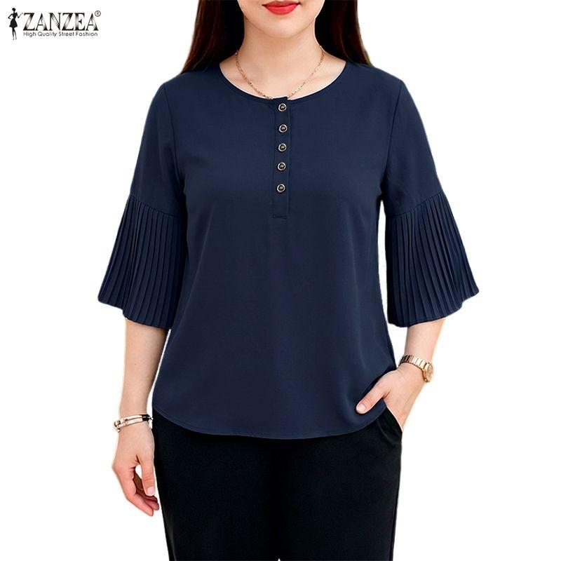 ZANZEA Women Casual Round Neck Solid Color 3/4 Sleeve Loose Blouse