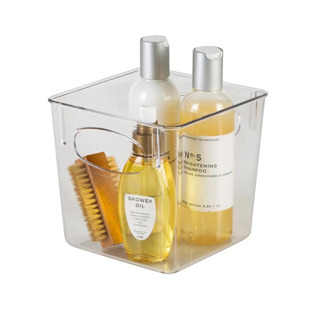 Square Clear Plastic Storage Organizer Basket Home Office Bathroom Jewelry and Cosmetic Accessories with Easy Grip Handle