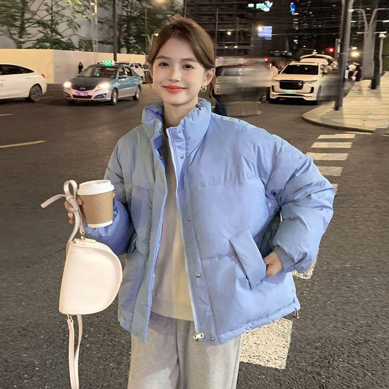 Down Cotton-padded Jacket for Female Students in Winter New Design Short Style Blue Stand-up Collar Puff Bread Jacket