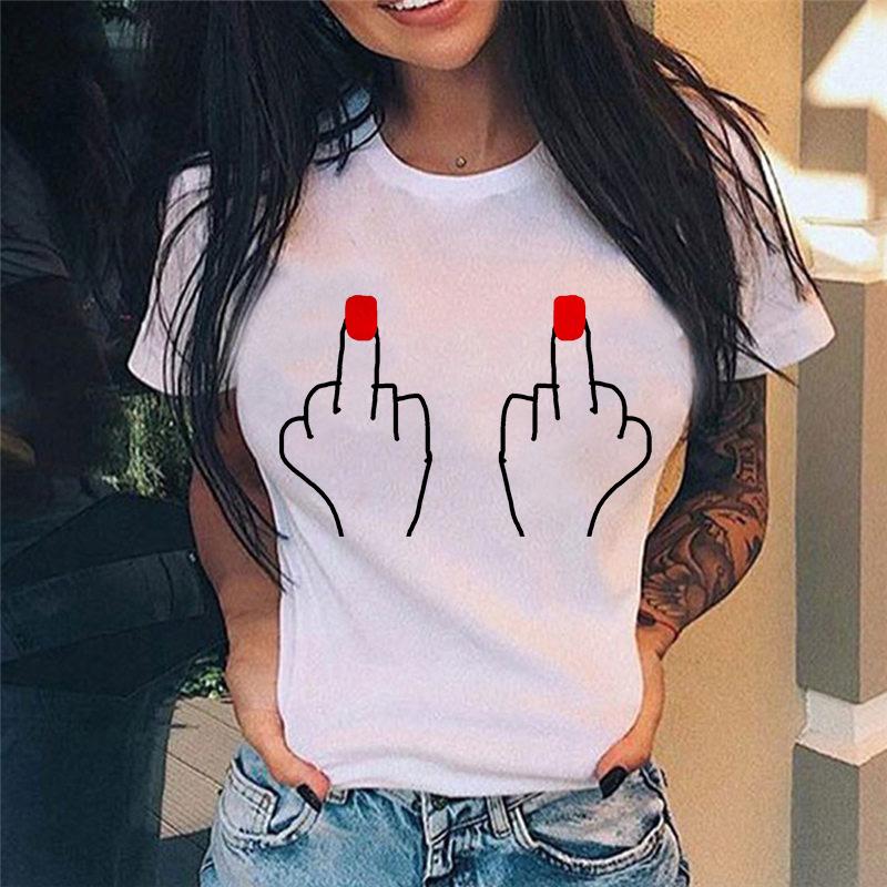 Summer Tshirt Women New Fashion Middle Finger Chest Graphic Printed Round Neck T Shirt Casual Simple Women Tee Tops Female