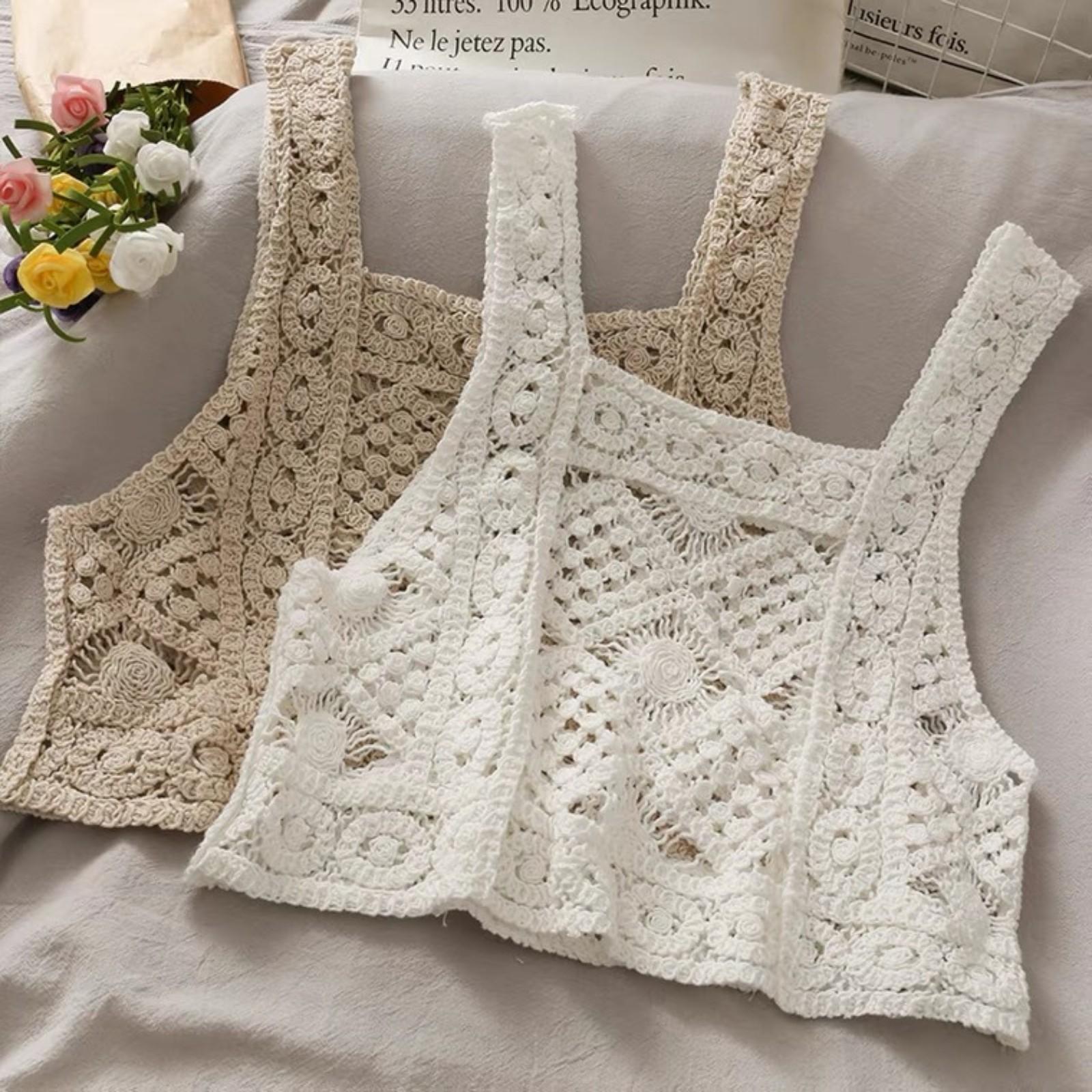 

Women s Embroidered Knitted Camisole Top For Women, Loose Short Top One Size бежевий