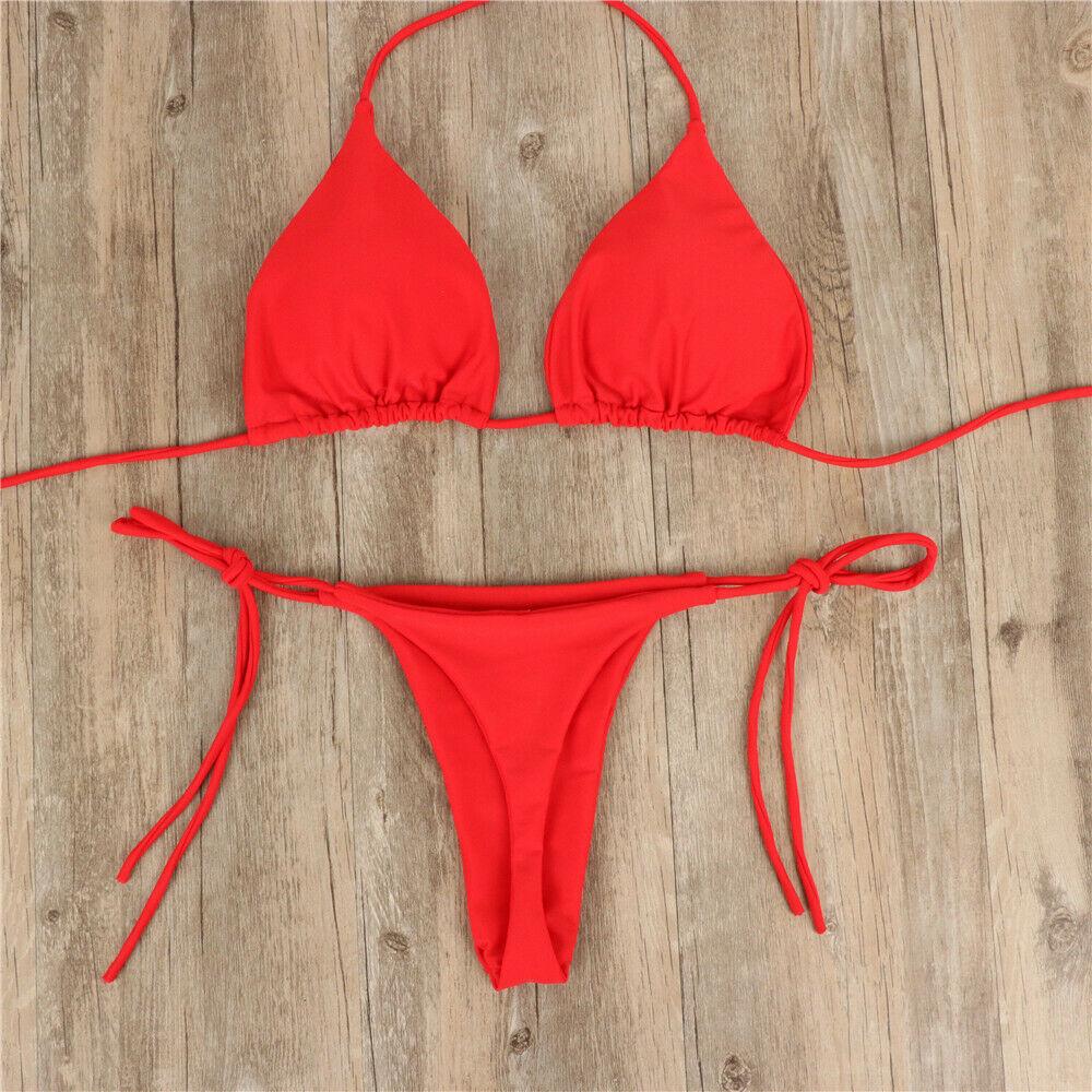 New Women Sexy Hanging Neck Thong Bikini Set Side Tie Swimsuit Bandage Style Split Strap Solid Adjustable Ladies Swimsuit Set