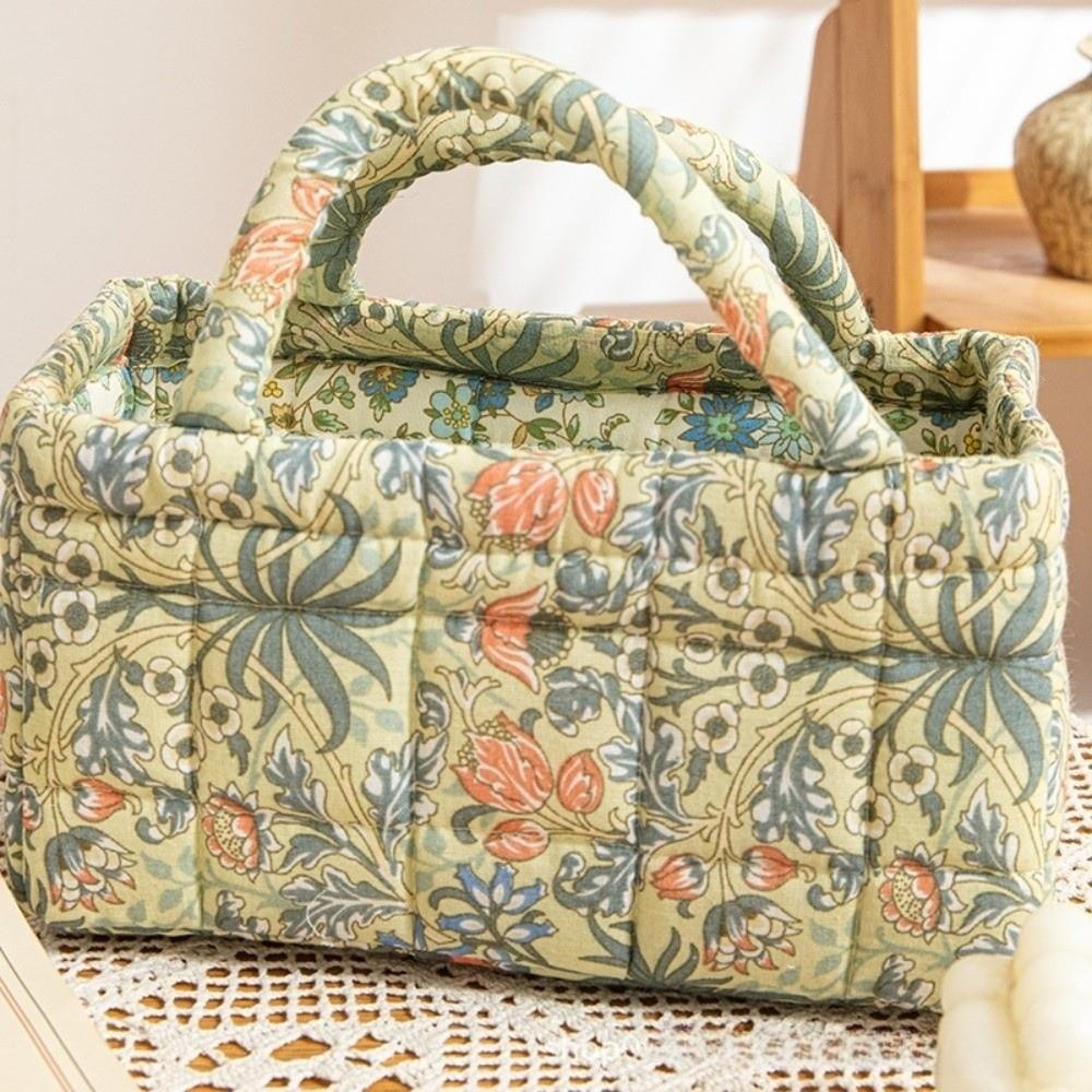 Floral Pattern Bento Handbags Patchwork Design Foldable Shopper Bag Portable Cotton Material Cosmetic Bag Home Textile Storage