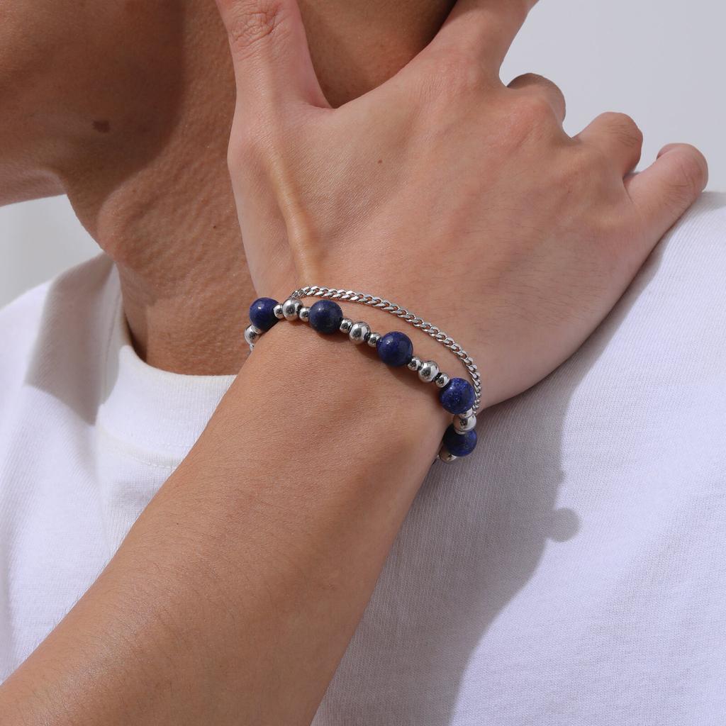 Stainless Steel Layered Bracelet for Men Boys,Metal Beads Natural Stone Bracelets,Hiphop Fashion Jewelry
