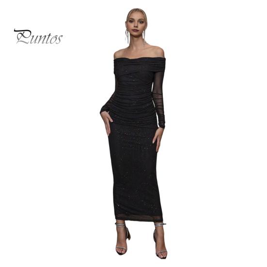 

Женское вечернее платье с открытыми плечами, длинными рукавами, сетчатое, пэчворк, плиссированное, с крестом, бандо, облегающее, для выпускного, свадьбы, вечеринки, коктейльного макси-платья L чёрный