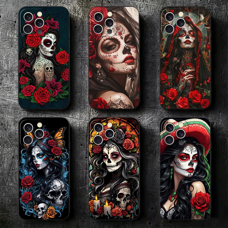 Catrina Beautiful Rose Girl Skull Soft Phone Case for iPhone 16 16E 17 Air 15 Pro Max 14 Plus 13 Mini 11 12 7 Black Cover Back S