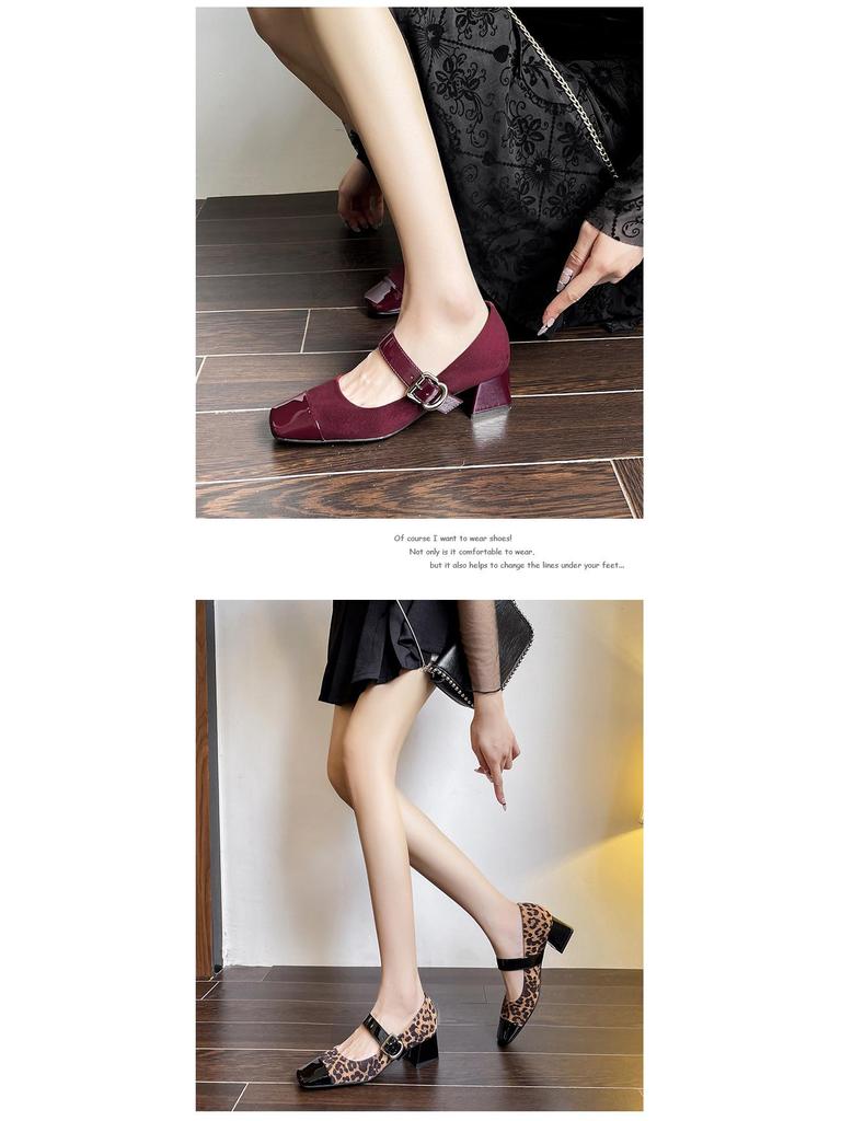 Leopard Print Cashmere Patchwork Square Toe Chunky Heel Mary Jane Shoes with Ankle Strap for Women - Spring/Autumn Retro Style.