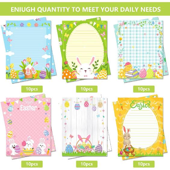 

60 листов пасхальной писчей бумаги, 8,5 x 11 , двухсторонняя праздничная бумага для писем, многоцветный узор с кроликами и яйцами, бумага для письма для заметок, открыток, приглашений