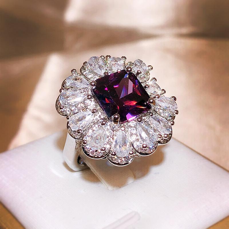 Luxury  Copper Brilliant Purple Square Master Zircon Ring Female Inlaid With Water Drop Full Diamond Ring Party Wedding Gift