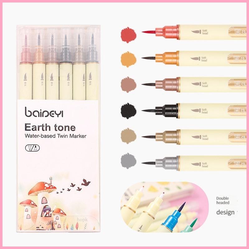 6pcs/set Classic Style Colors Double Tip Marker Pens Line Drawing Watercolor Pen for Calligraphy Student Art Painting School Stationary