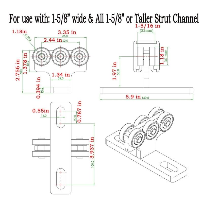 Solid Steel T Shaped Pulley Track Wheel Trolley Assembly Smooth Operation for 1-5/8" Width Channel 540lbs Load Capacity