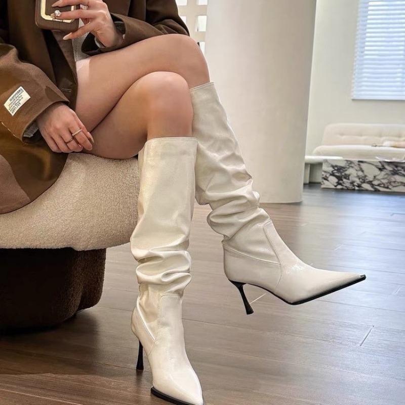 Fashion Over-the-knee Boots Women Fashion Pointed Toe Black Side Zipper Thin High Heels Female Shiny Pleated High Heel Botas 2024
