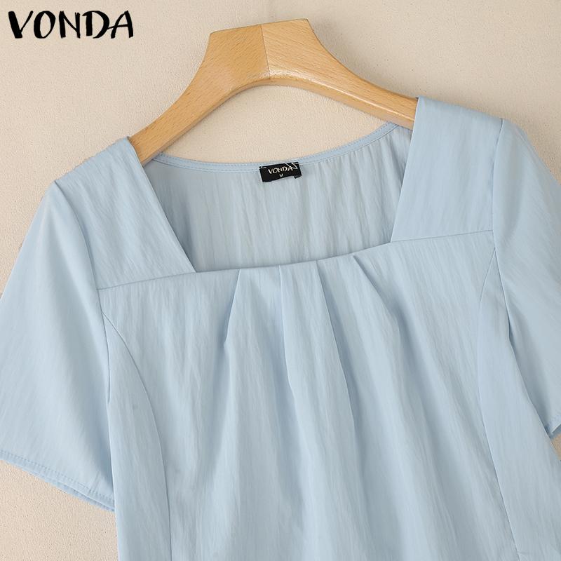 VONDA Women Girls Square Collar Short Sleeve Slim Waist Casual Blouse