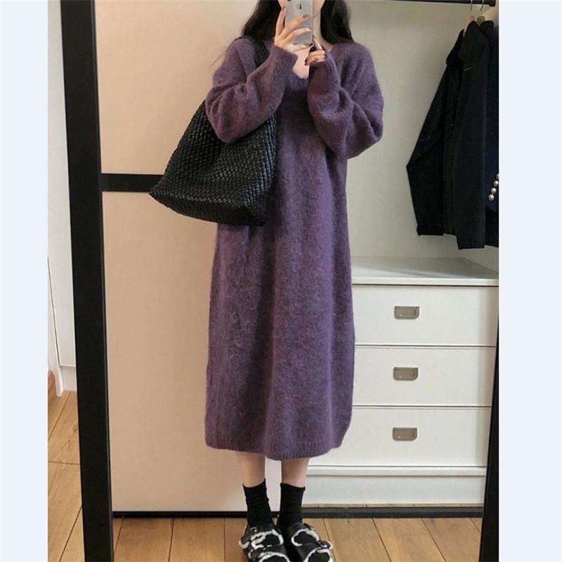 Simple and Versatile Knitted Dress for Women's Autumn and Winter New Loose and Lazy Style with Coat Backing Sweater Long Dress