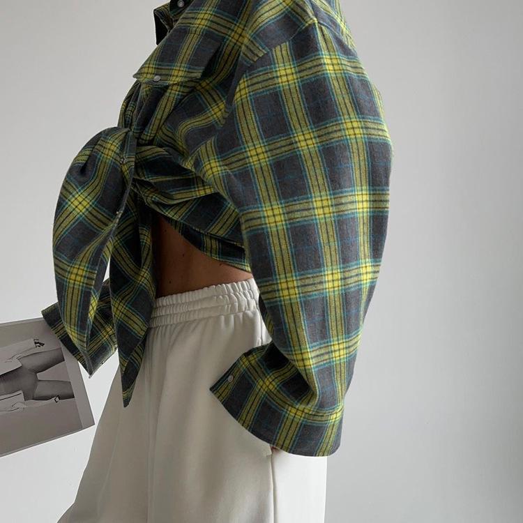 Retro Plaid Loose Lapel Long Sleeve Shirt for Women - Spring & Autumn