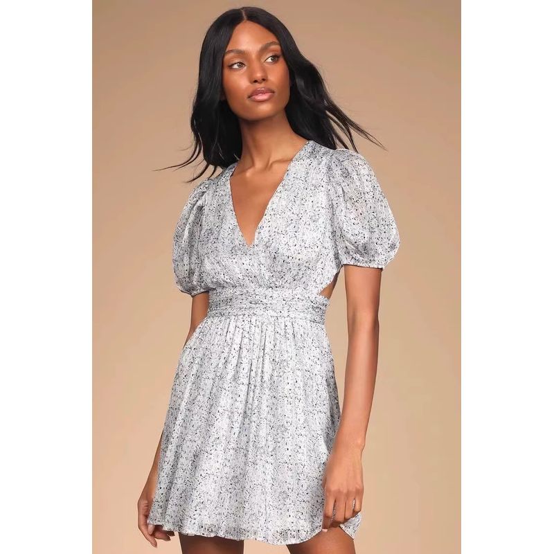 Foreign Trade Order Lu's Puff Sleeves Waist-Exposed Design Golden Thread Shiny Floral Lady Bright Silk Niche Girly Style Dress