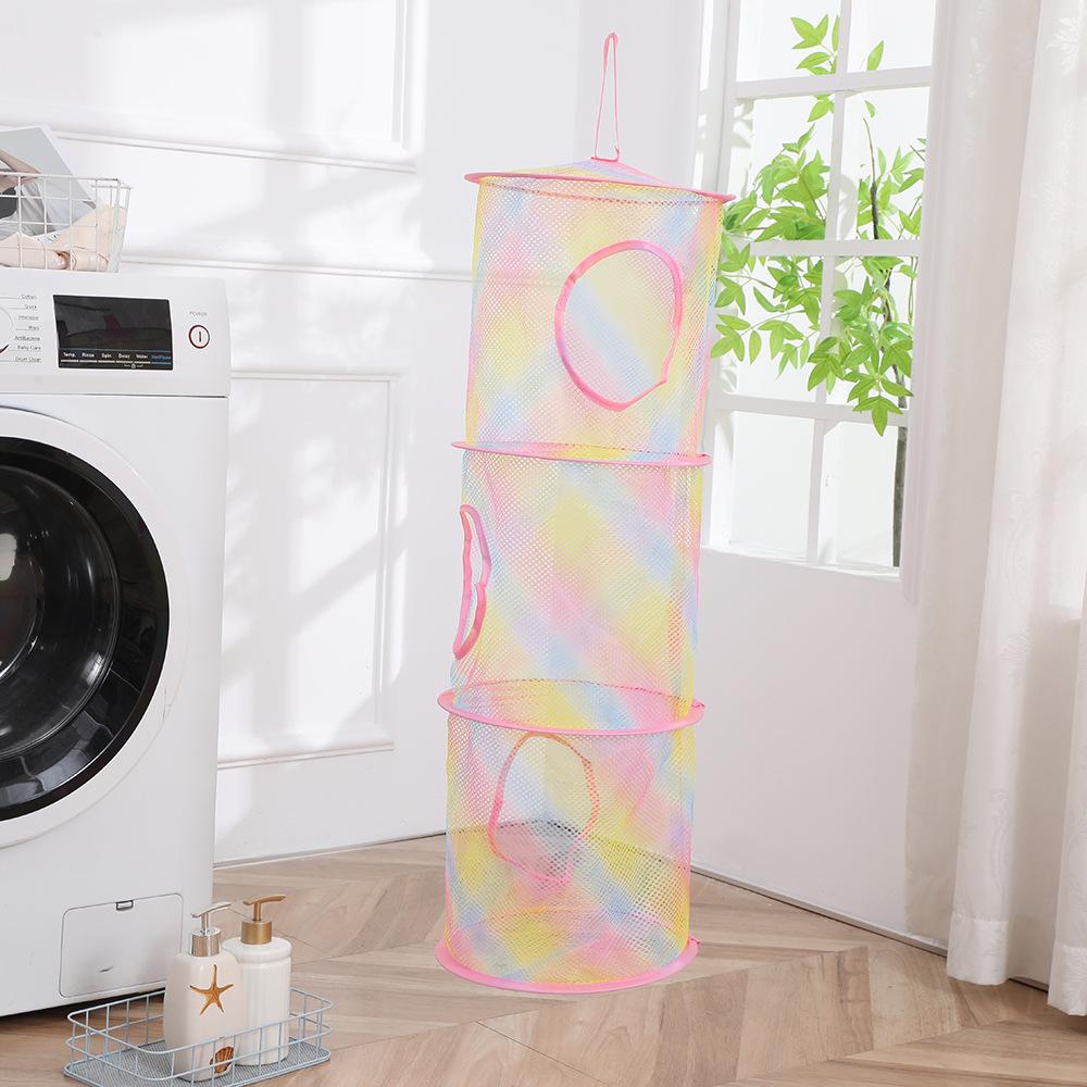 3 Shelf Hanging Laundry Basket Nylon Mesh Storage Basket for Toy Washing Basket Dirty Clothes Sundries Basket Organizer Bag