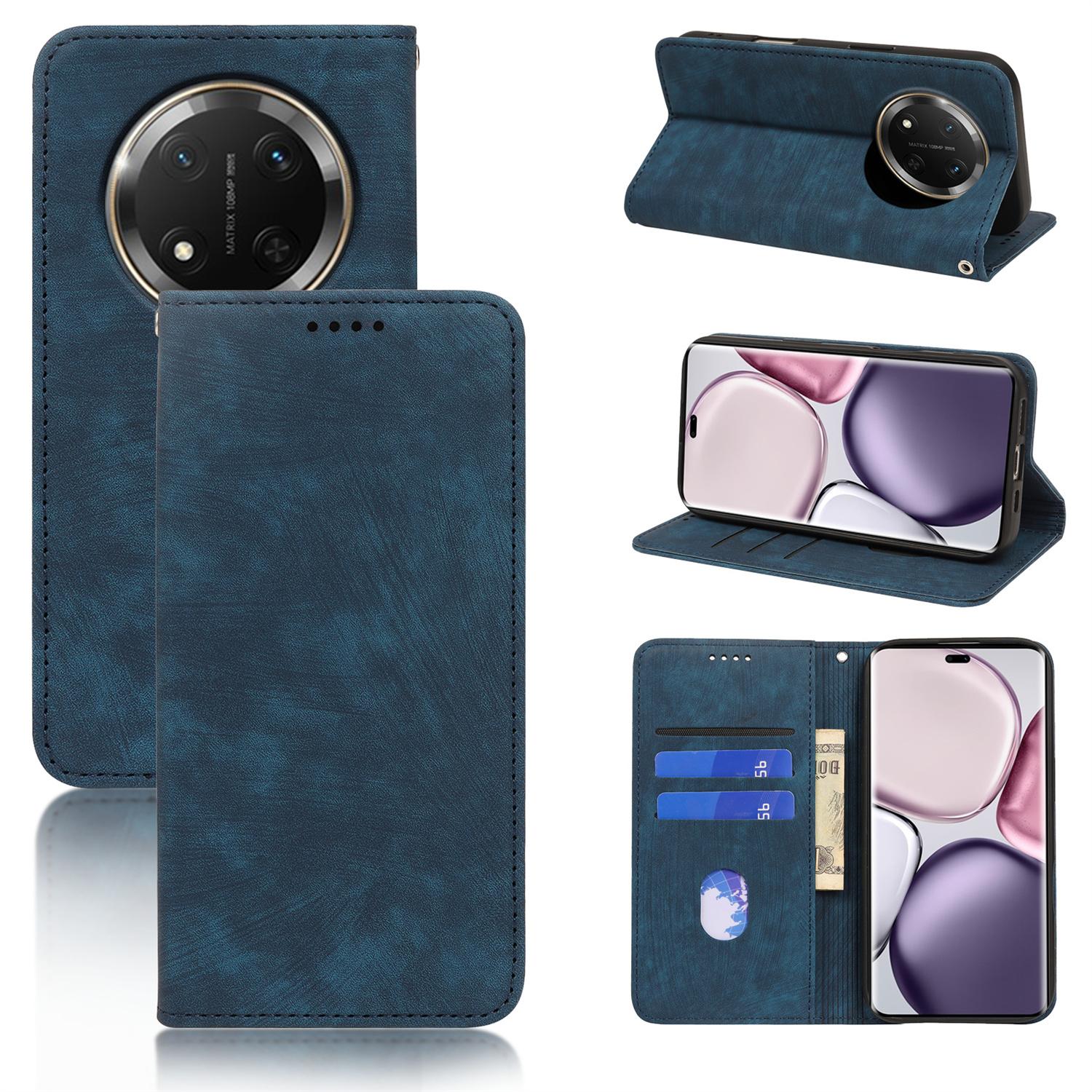 

For Honor X60 Pro 5G/X9c 5G Case Strong Magnetic Leather Wallet Phone Cover with Striped Texture Blue