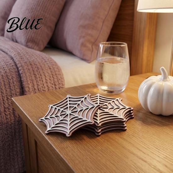 Decorative Mats for Party Halloween Spider Web Wooden Coaster Anti-Slip Wood Cup Mat with Figurine Natural Pine Coasters Thermal Insulated