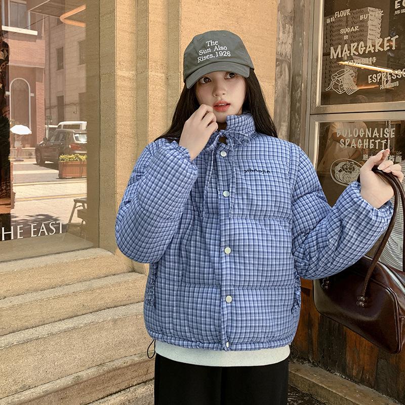 Winter new removable sleeve stand-up collar plaid warm short thickened down cotton clothes women's jacket