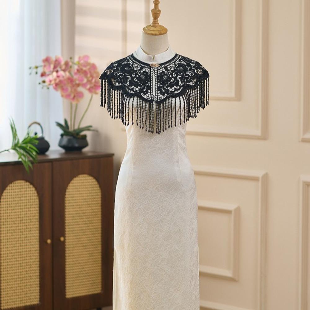 Handmade Pearl Tassel Shawl Vintage False Collar Hanfu Accessory Lace Shawl  Spring