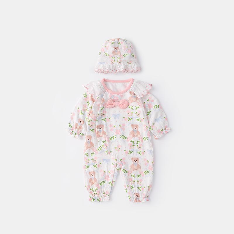 

2025 Весенний детский боди-комбинезон для девочки из чистого хлопка с мишкой 59cm белый