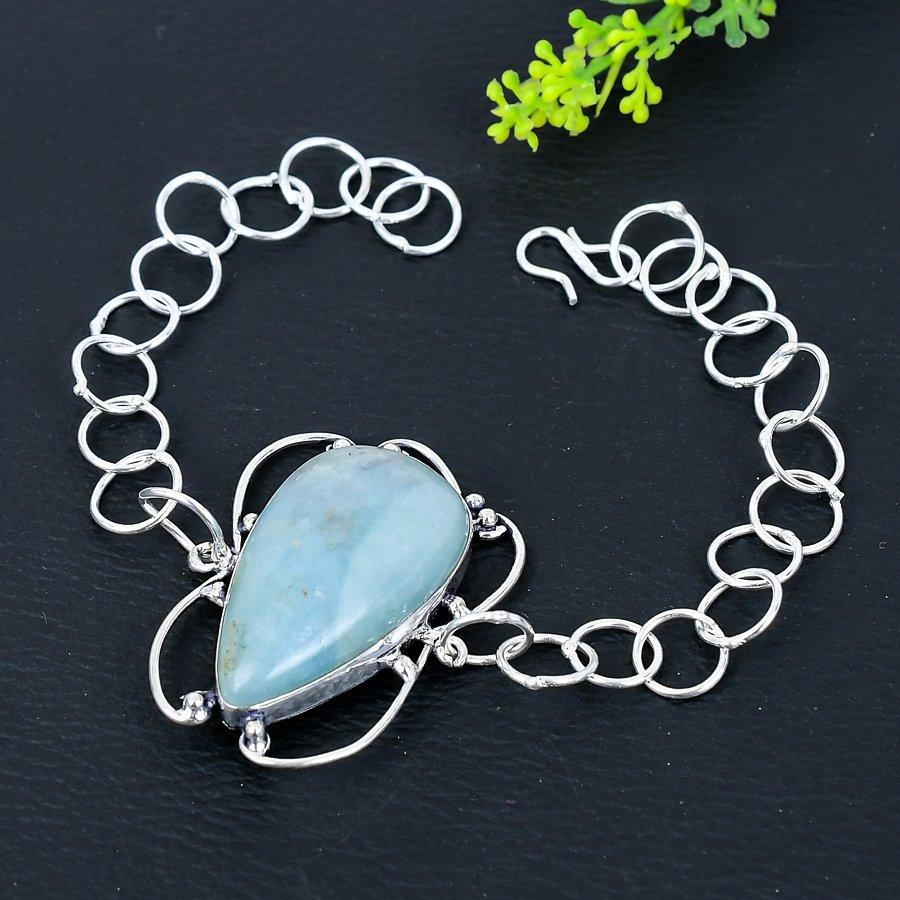 Aquamarine Gemstone Handmade 925 Sterling Silver Bracelet 7-8" u0W71