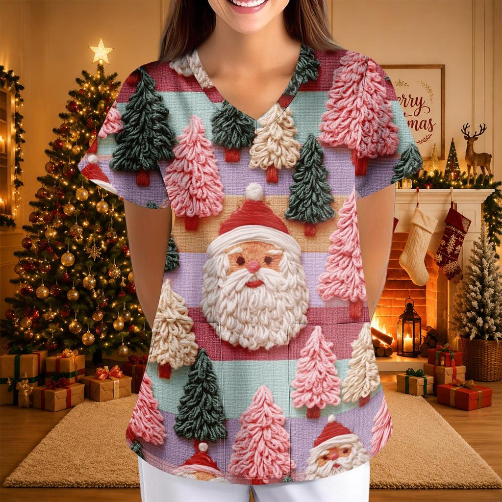 Women's Christmas Print V-Neck Short Sleeve Uniform with Pockets Loose Fit